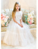 Ivory Lace Tulle Floor Length V Back Boho Flower Girl Dress